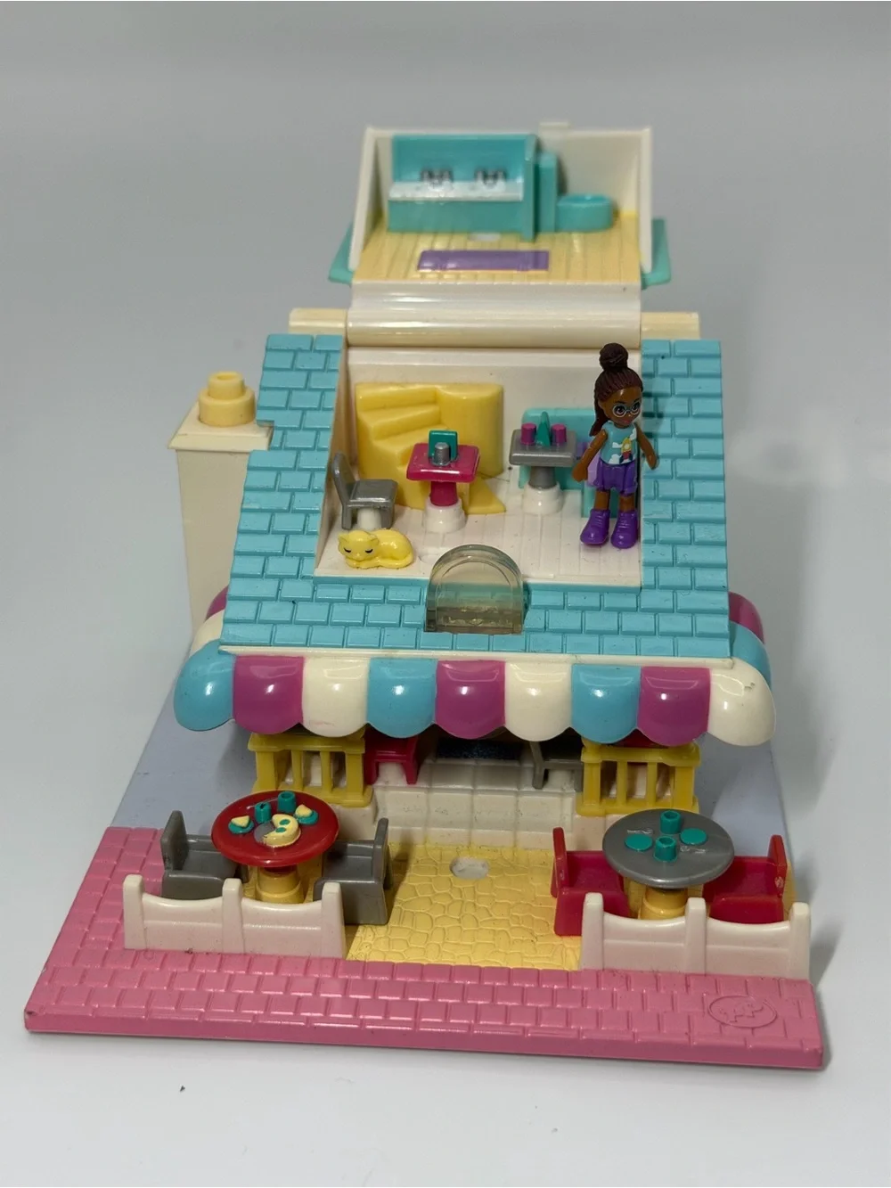 Blue Bird Pink Teal White Pizza Shop Playset with Mini Doll and Outdoor Tables